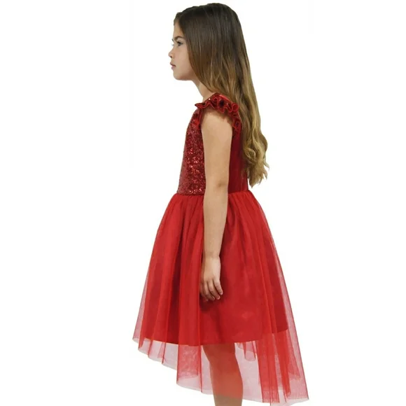 Zunie Red sequin velvet tulle hi-low flower girl flutter sleeve dress gown 10 12